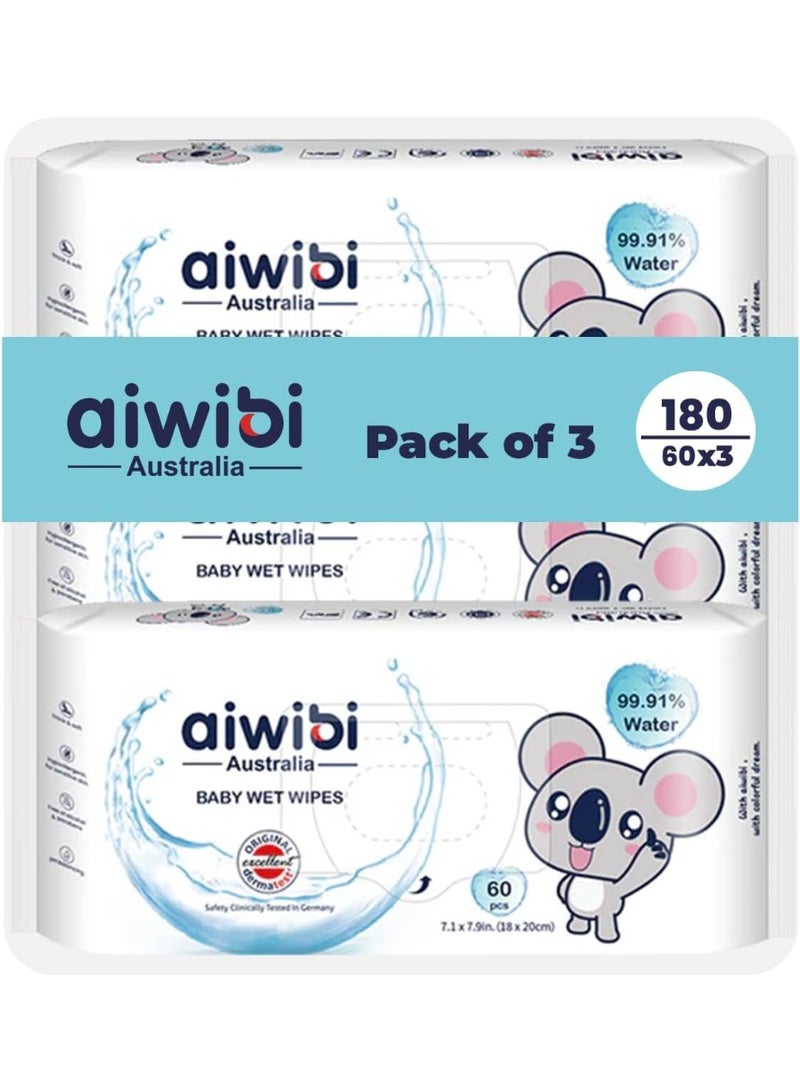 aiwibi 100% Skin-friendly Baby Wet Wipes 60 Sheets- Pack of 3 (180 Pcs)-Water Wipes - Image 1